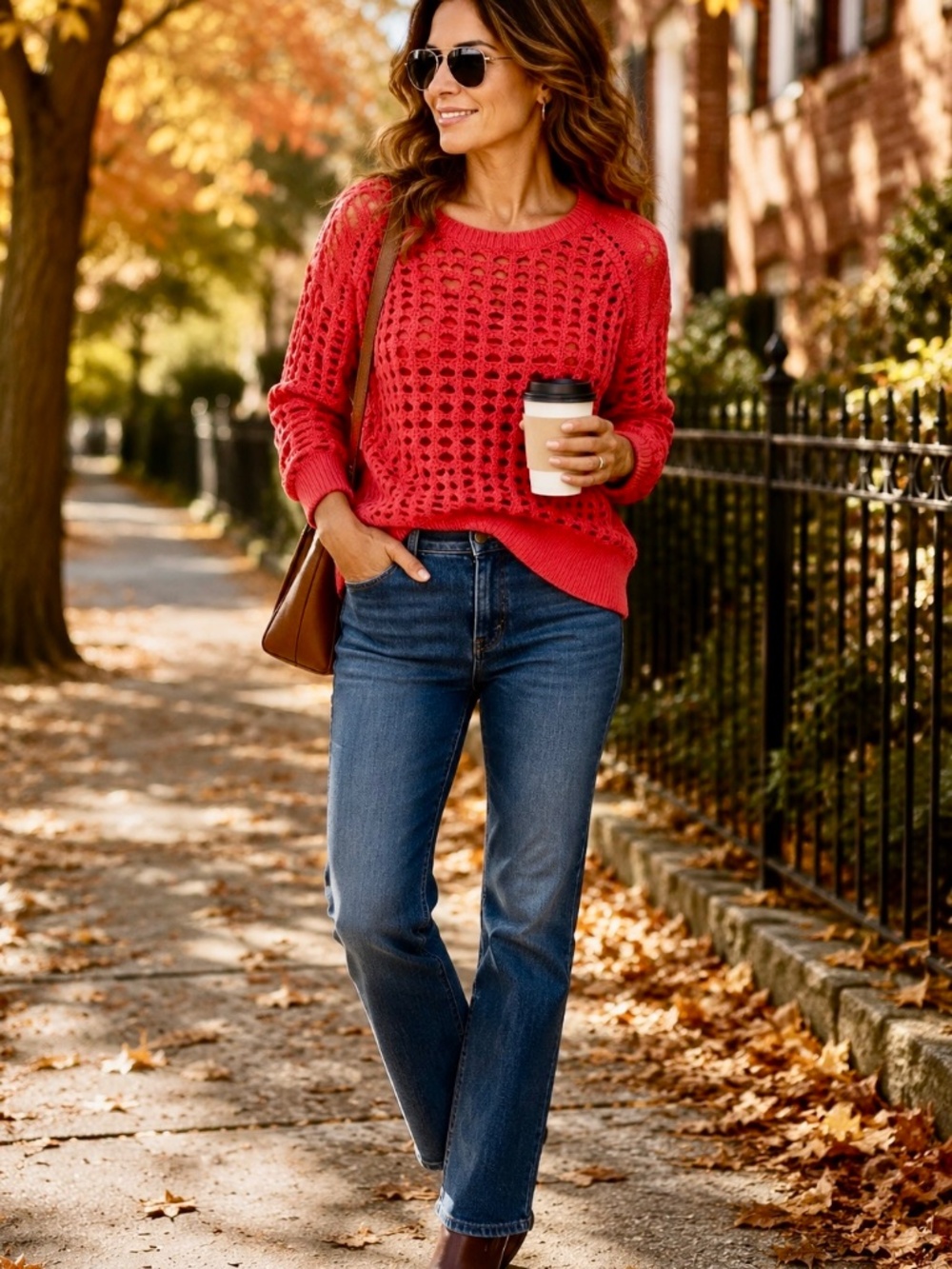 Ella Moss open-knit sweater in a coral/red-orange shade. Size Medium